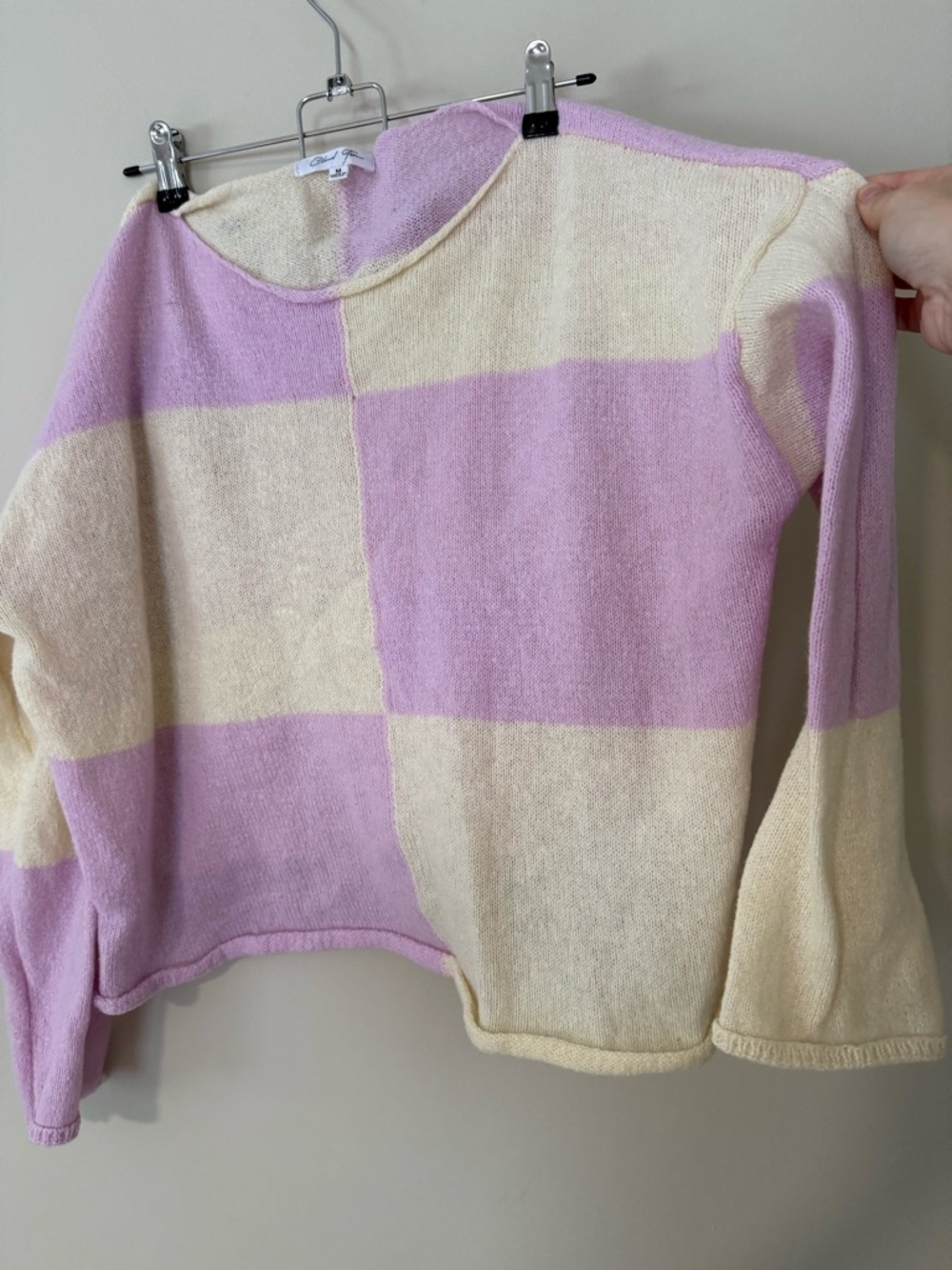 Boutique Soft Block-Stripe Crewneck Sweater - Lavender pink & Cream size medium